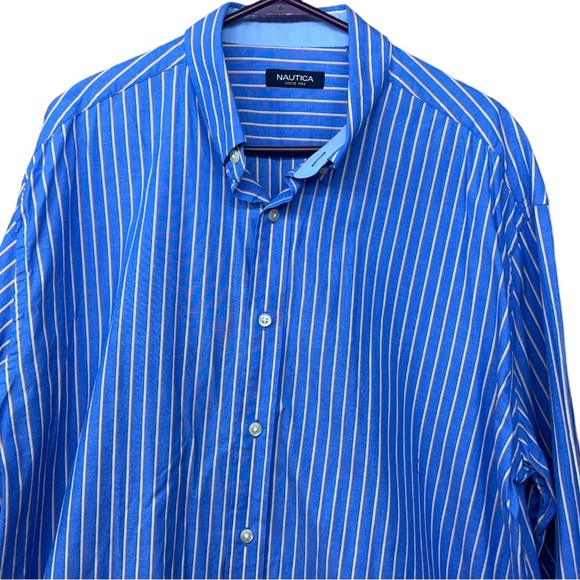 Sz 17.5 34/35 Nautica Blue/White/Orange Stripe Button Down Shirt - Picture 5 of 6